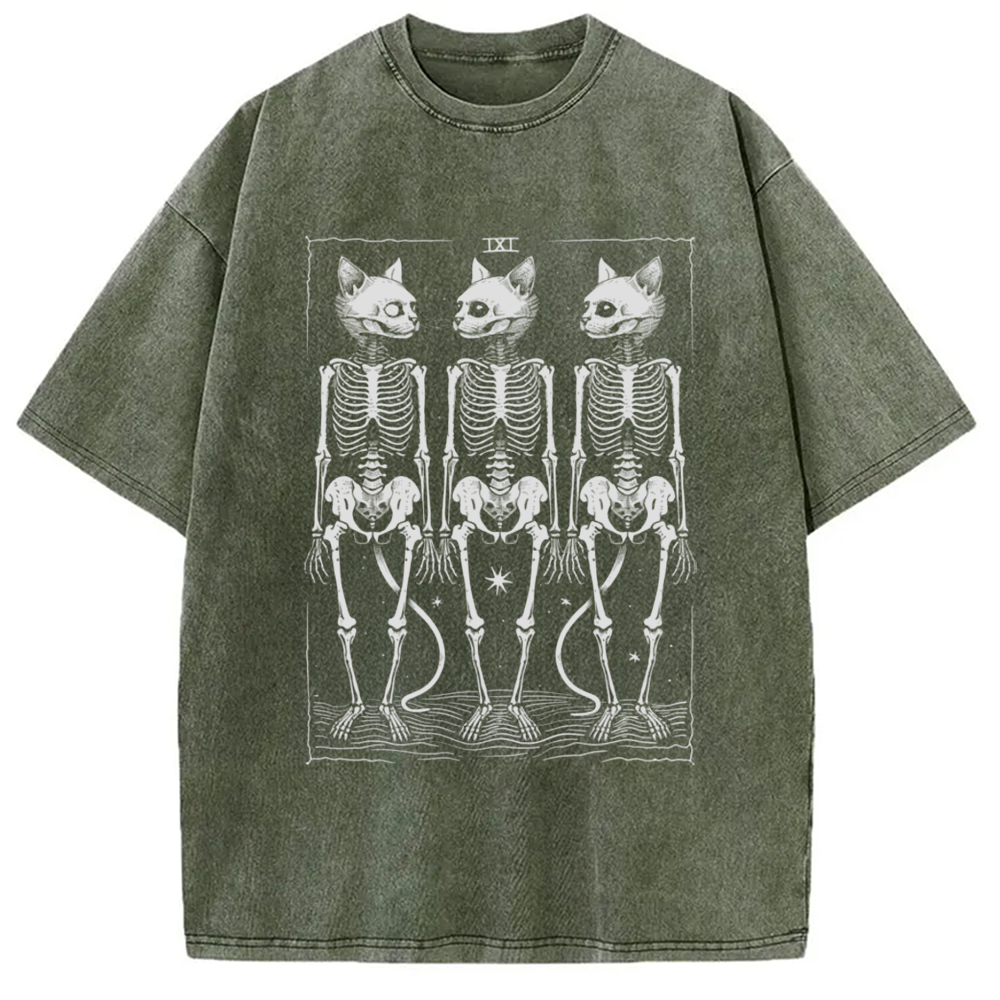 Tokyo-Assassin Tarot Cat Skeleton Washed T-Shirt-Tokyo-Assassin