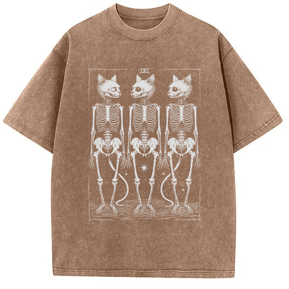 Tokyo-Assassin Tarot Cat Skeleton Washed T-Shirt-Tokyo-Assassin