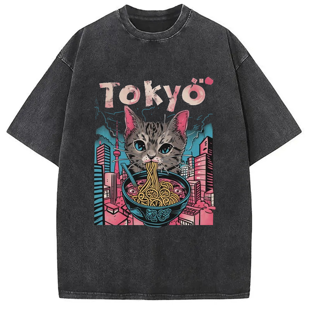 Tokyo-Assassin Tokyo Ramen Pink Cat Washed T-Shirt-Tokyo-Assassin