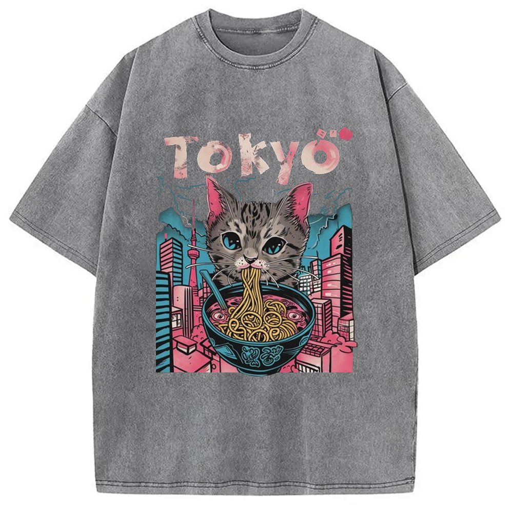 Tokyo-Assassin Tokyo Ramen Pink Cat Washed T-Shirt-Tokyo-Assassin