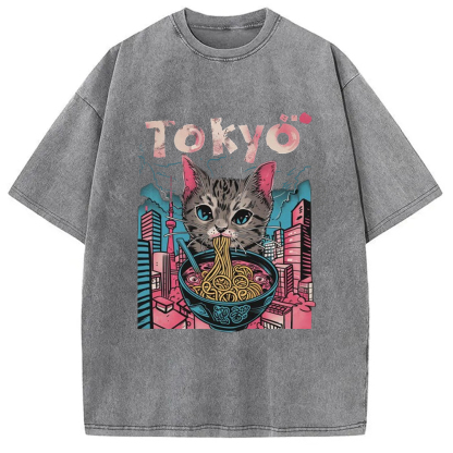 Tokyo-Assassin Tokyo Ramen Pink Cat Washed T-Shirt-Tokyo-Assassin