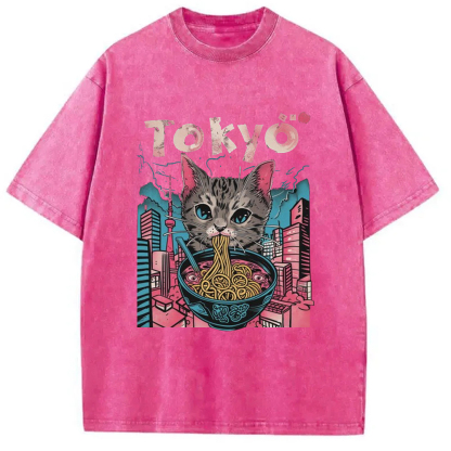 Tokyo-Assassin Tokyo Ramen Pink Cat Washed T-Shirt-Tokyo-Assassin