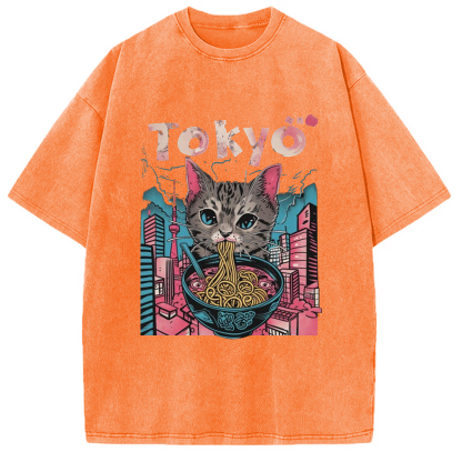 Tokyo-Assassin Tokyo Ramen Pink Cat Washed T-Shirt-Tokyo-Assassin