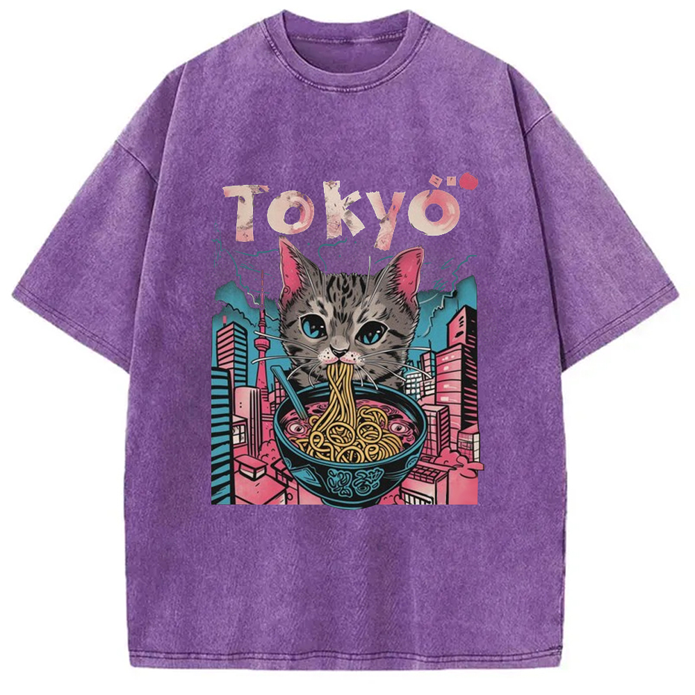 Tokyo-Assassin Tokyo Ramen Pink Cat Washed T-Shirt-Tokyo-Assassin