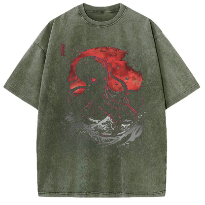 Tokyo-Assassin Red Moon Kraken Octopus Washed T-Shirt-Tokyo Assassin