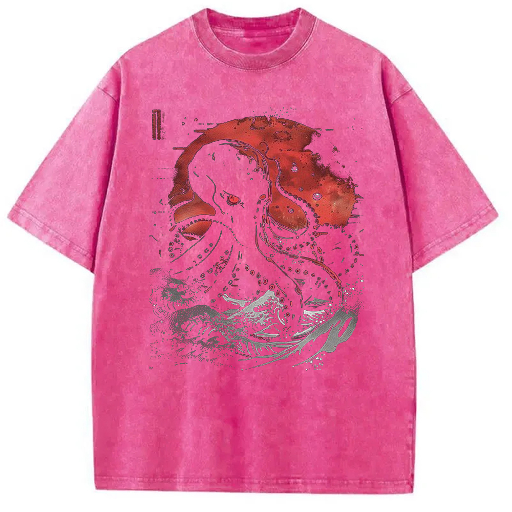 Tokyo-Assassin Red Moon Kraken Octopus Washed T-Shirt-Tokyo Assassin