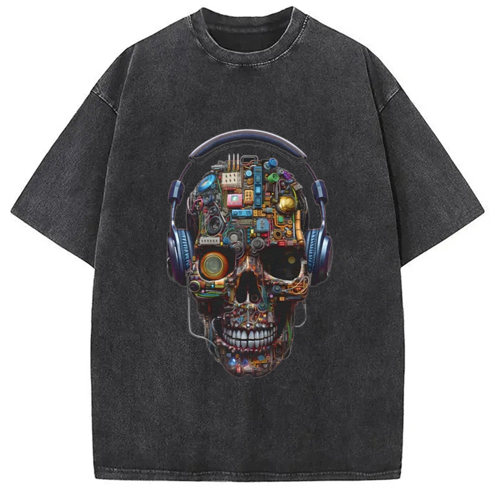 Tokyo-Assassin Skull Listening to Music Washed T-Shirt-Tokyo Assassin