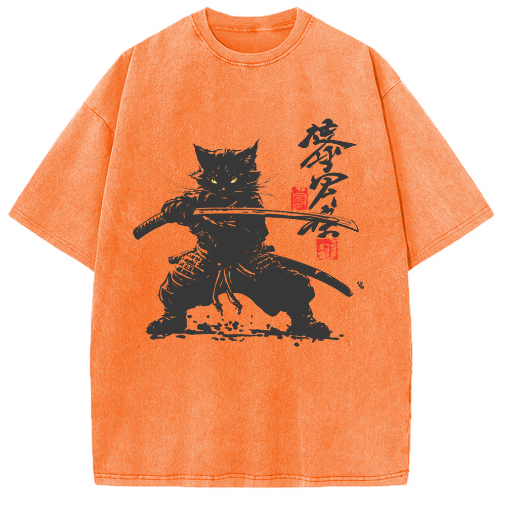 Tokyo-Assassin Samurai Cat Japanese Washed T-Shirt-Tokyo Assassin