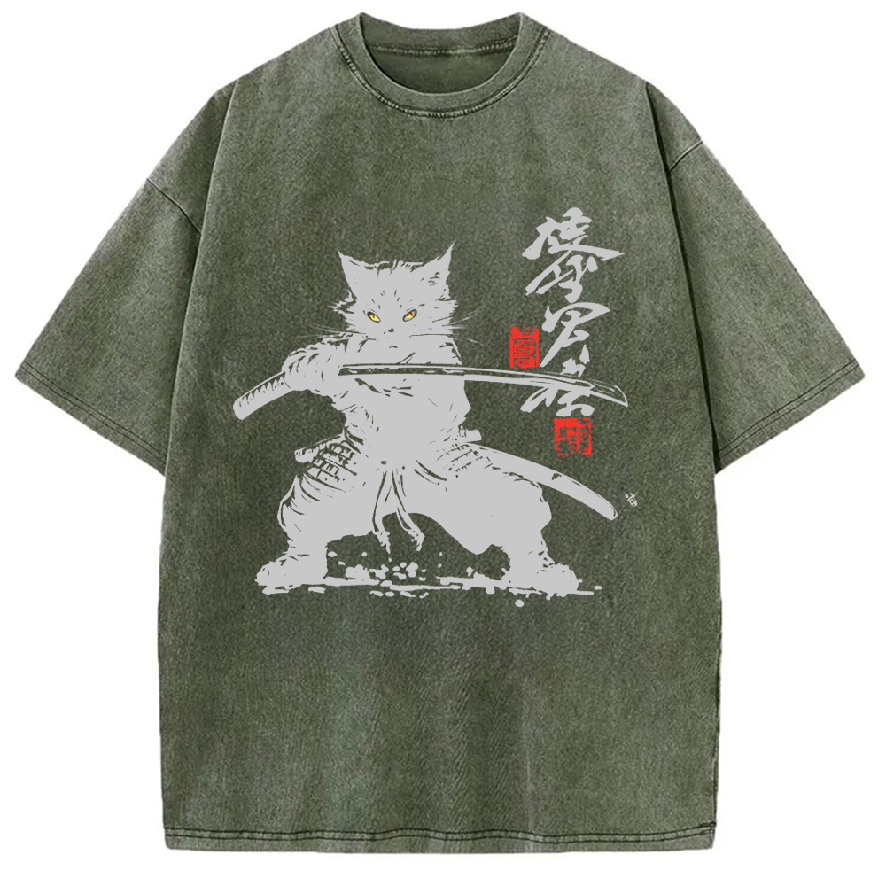 Tokyo-Assassin Samurai Cat Japanese Washed T-Shirt-Tokyo Assassin