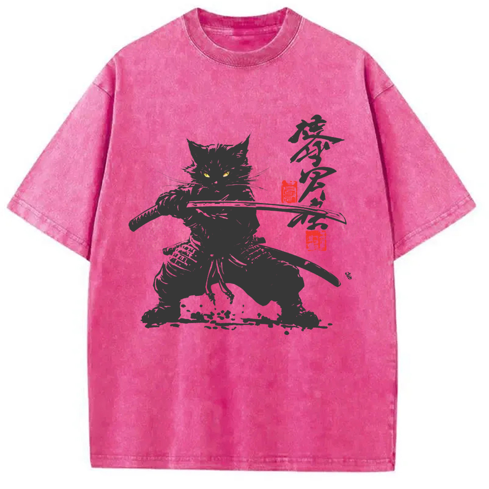 Tokyo-Assassin Samurai Cat Japanese Washed T-Shirt-Tokyo Assassin