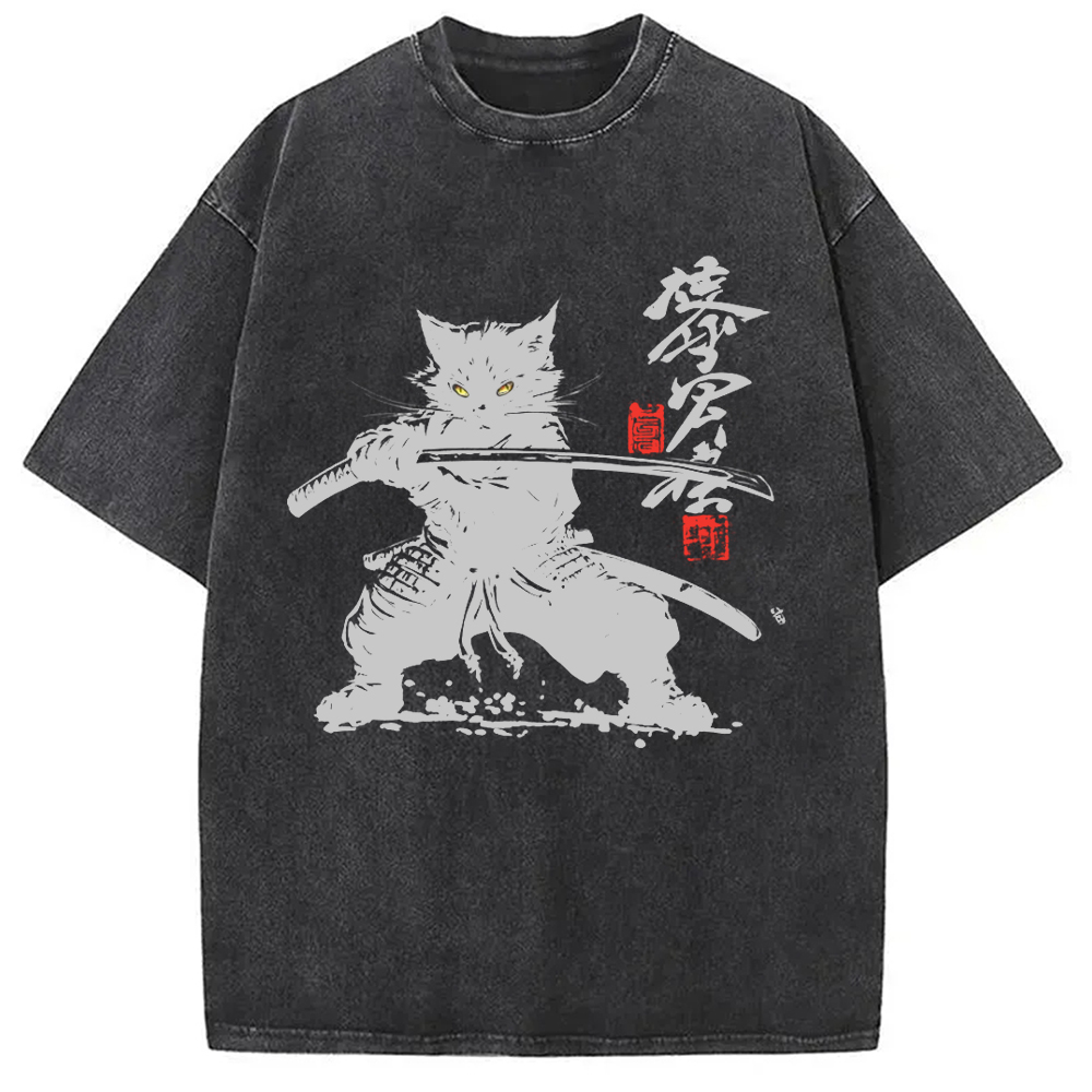 Tokyo-Assassin Samurai Cat Japanese Washed T-Shirt-Tokyo Assassin