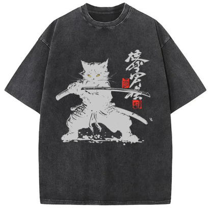 Tokyo-Assassin Samurai Cat Japanese Washed T-Shirt-Tokyo Assassin