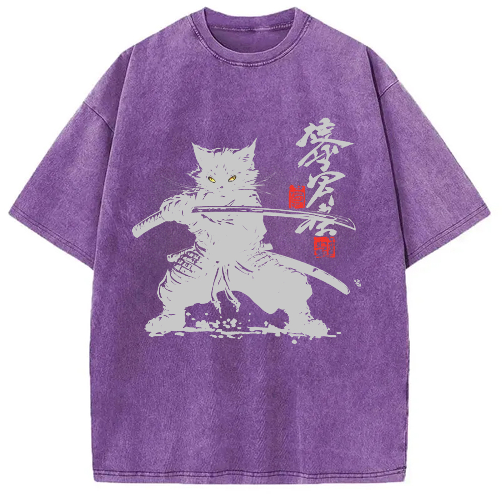 Tokyo-Assassin Samurai Cat Japanese Washed T-Shirt-Tokyo Assassin