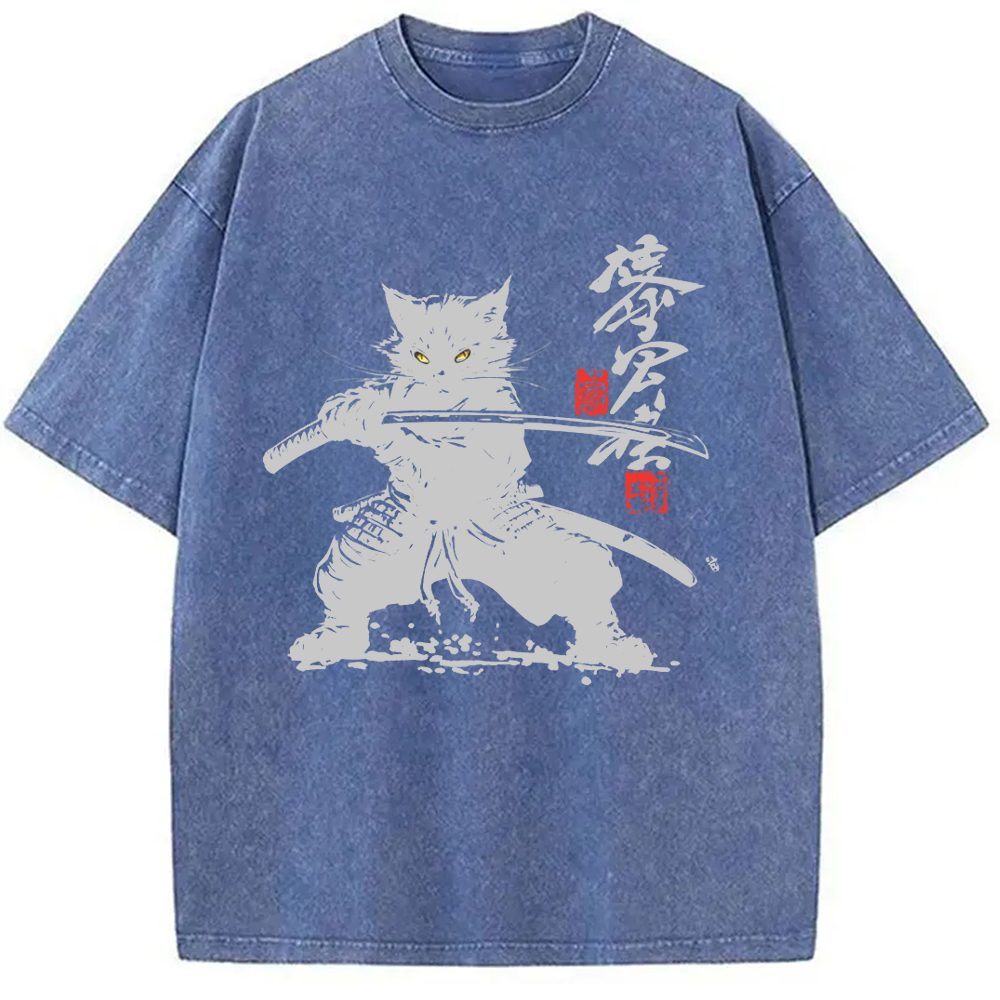 Tokyo-Assassin Samurai Cat Japanese Washed T-Shirt-Tokyo Assassin