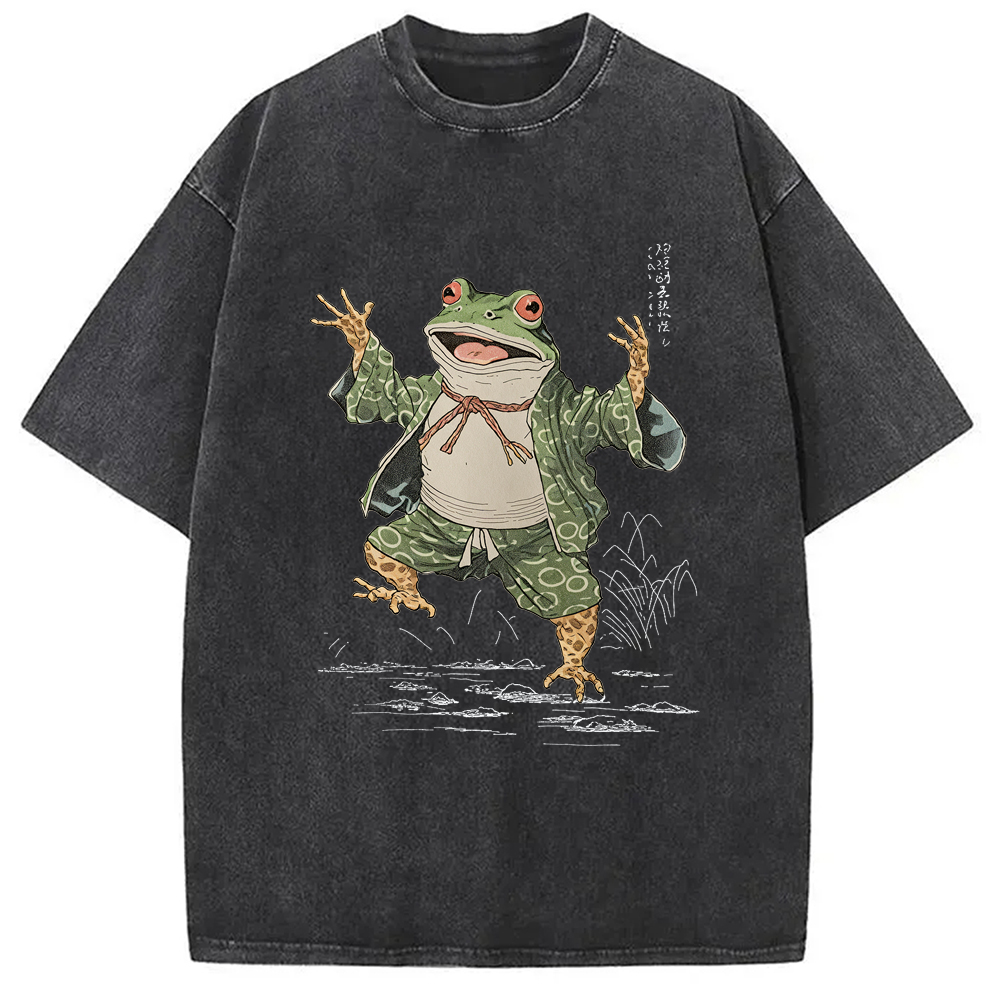 Tokyo-Assassin Frog Dancing Japanese Art Vintage Washed T-Shirt-Tokyo-Assassin