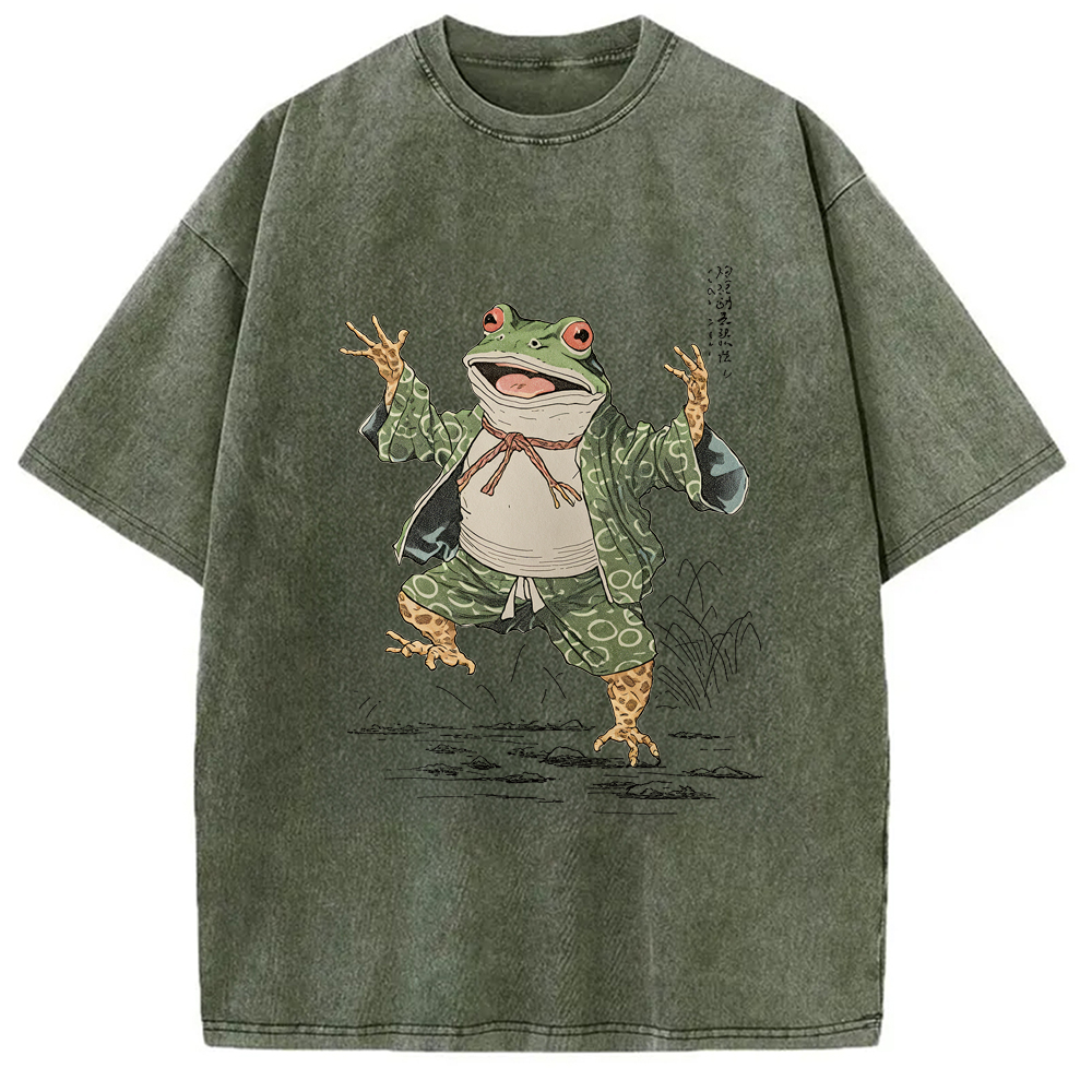 Tokyo-Assassin Frog Dancing Japanese Art Vintage Washed T-Shirt-Tokyo-Assassin