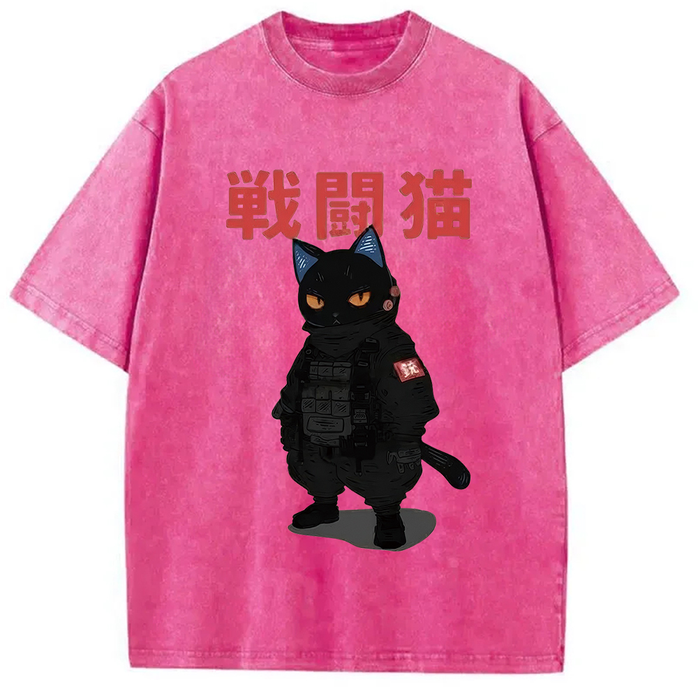 Tokyo-Assassin Fighting Cat Washed T-Shirt-Tokyo-Assassin