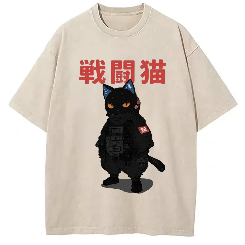 Tokyo-Assassin Fighting Cat Washed T-Shirt-Tokyo-Assassin