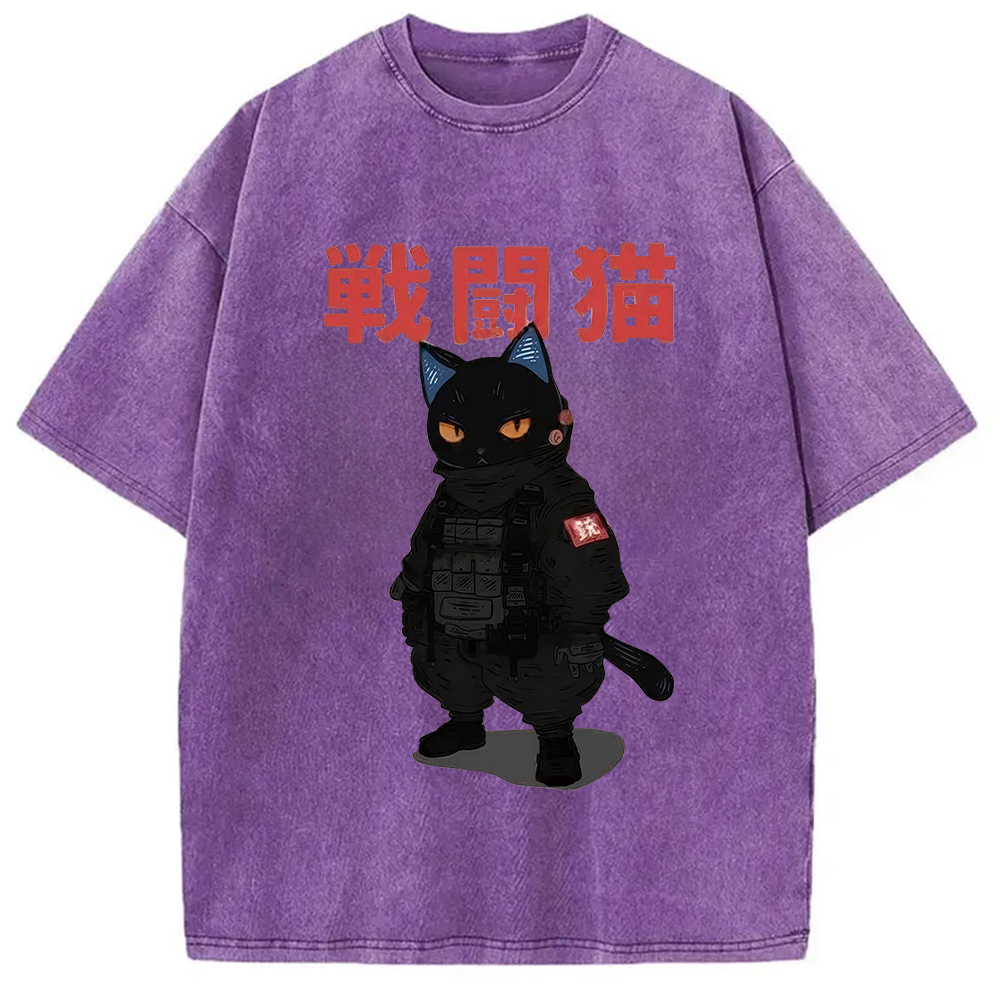 Tokyo-Assassin Fighting Cat Washed T-Shirt-Tokyo-Assassin