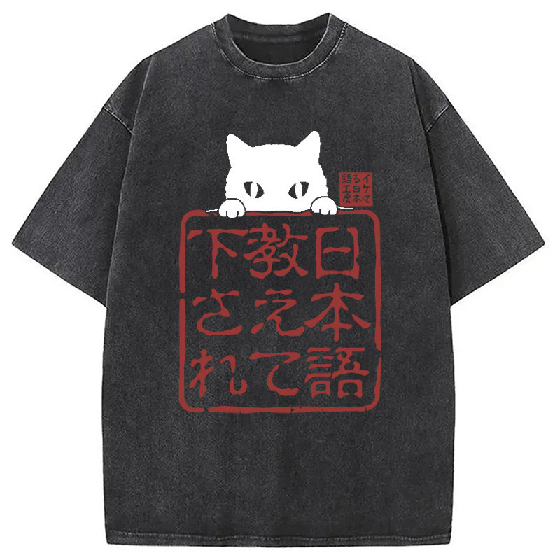 Tokyo-Assassin Please Teach Cat Japanese Washed T-Shirt-Tokyo-Assassin