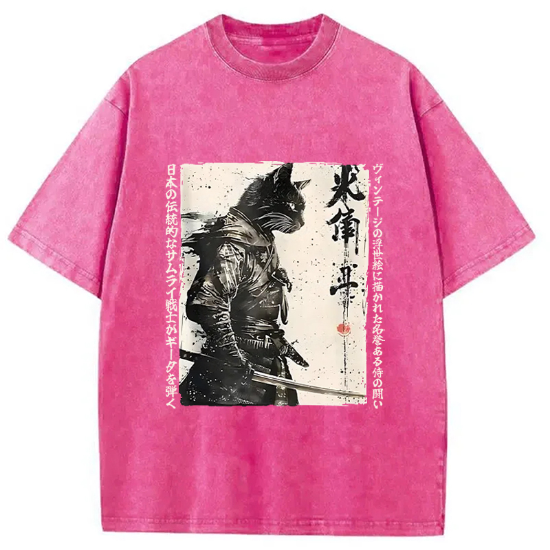 Tokyo-Assassin Cat Samurai Retro Washed T-Shirt-Tokyo-Assassin