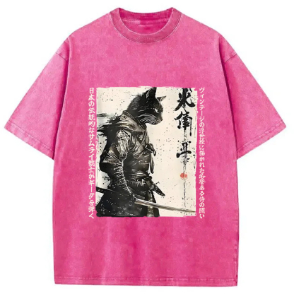 Tokyo-Assassin Cat Samurai Retro Washed T-Shirt-Tokyo-Assassin