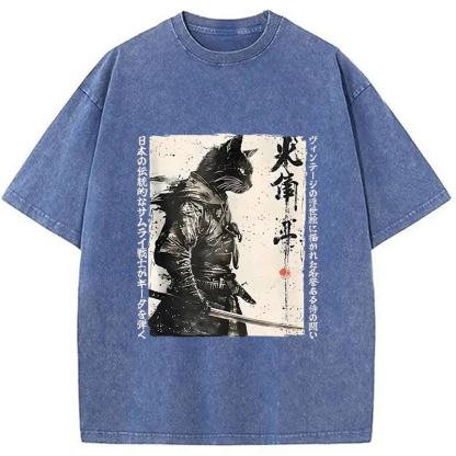Tokyo-Assassin Cat Samurai Retro Washed T-Shirt-Tokyo-Assassin
