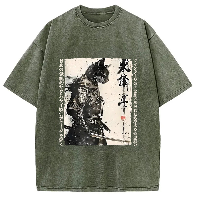 Tokyo-Assassin Cat Samurai Retro Washed T-Shirt-Tokyo-Assassin