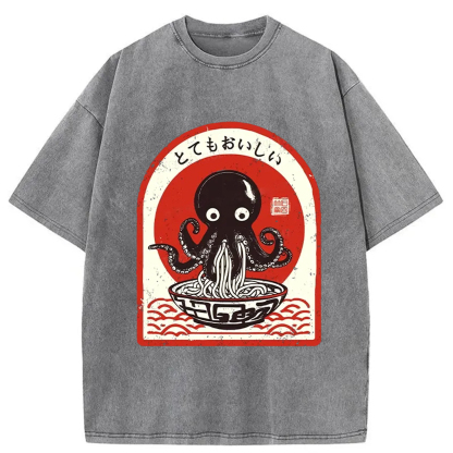 Tokyo-Assassin Ramen Lover Octopus Washed T-Shirt-Tokyo-Assassin
