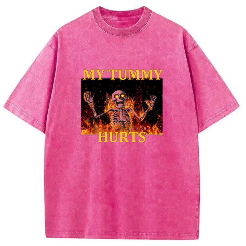 Tokyo-Assassin Skeleton Tummy Hurts Washed T-Shirt-Tokyo-Assassin