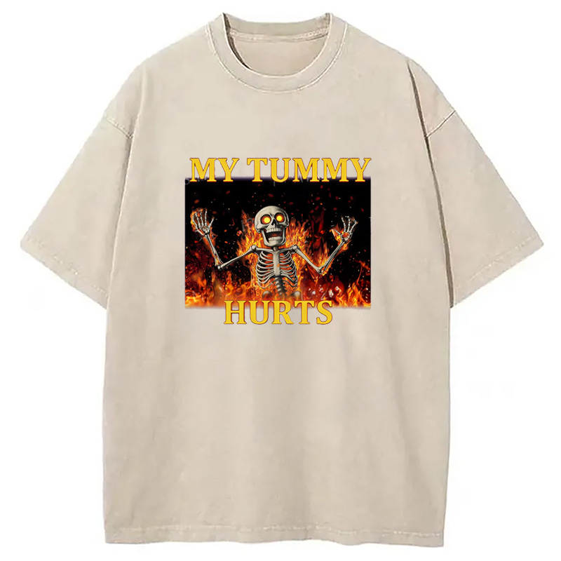 Tokyo-Assassin Skeleton Tummy Hurts Washed T-Shirt-Tokyo-Assassin