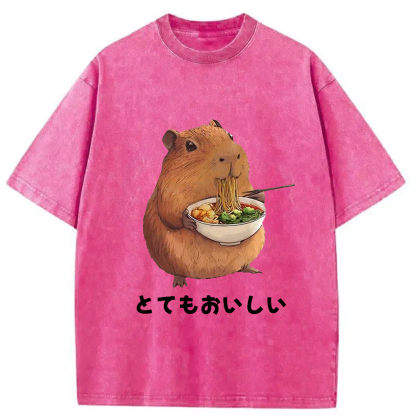 Tokyo-Assassin Capybara Eating Japanese Ramen Washed T-Shirt-Tokyo-Assassin