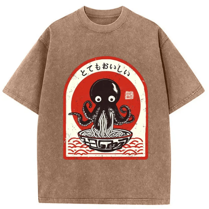 Tokyo-Assassin Ramen Lover Octopus Washed T-Shirt-Tokyo-Assassin