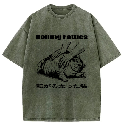 Tokyo-Assassin Rolling Fatties Cat Washed T-Shirt-Tokyo-Assassin