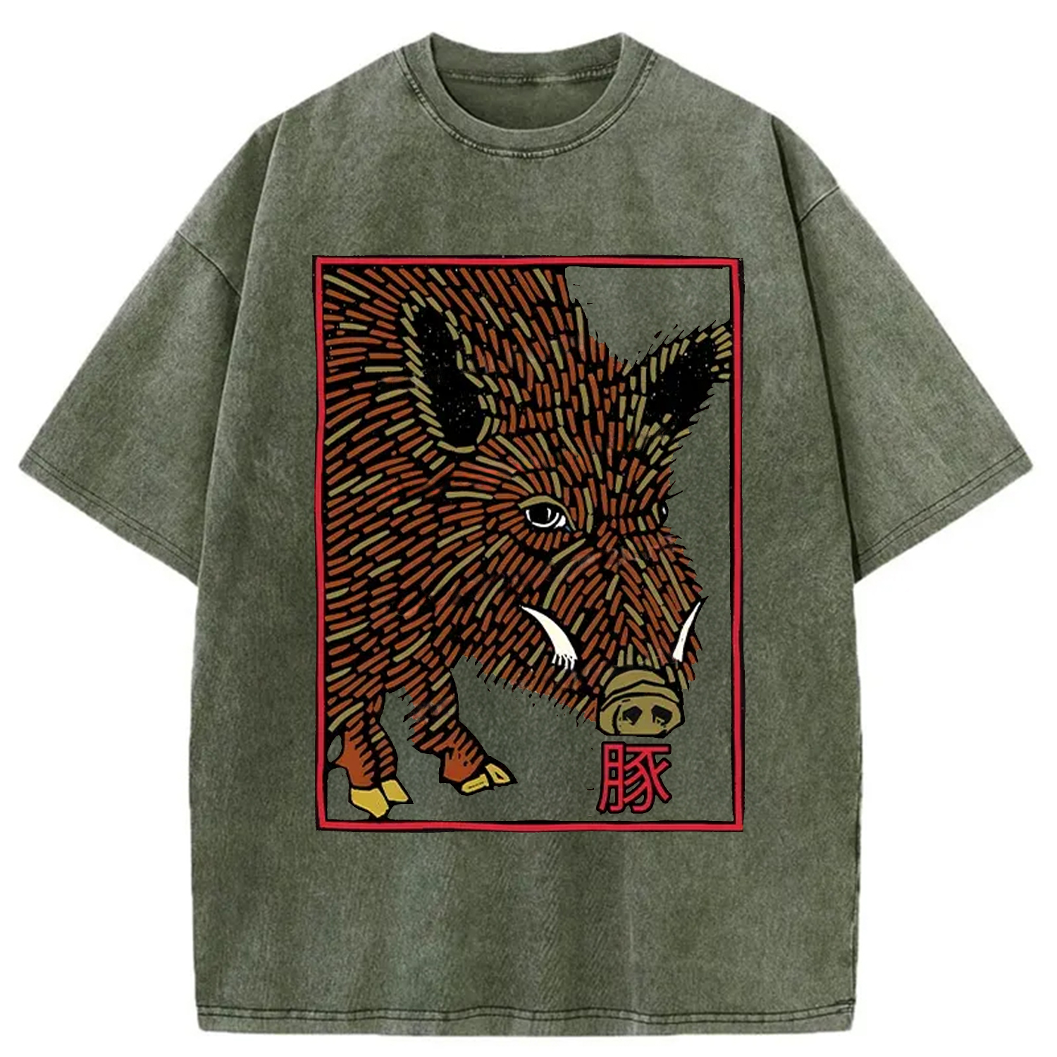 Tokyo-Assassin Woodcut Pig Washed T-Shirt-Tokyo-Assassin
