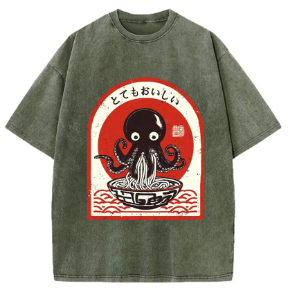 Tokyo-Assassin Ramen Lover Octopus Washed T-Shirt-Tokyo-Assassin