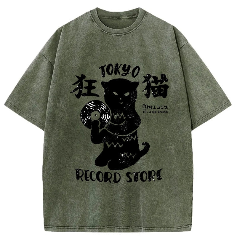 Tokyo-Assassin Tokyo Record Store Cat CD Washed T-Shirt-Tokyo-Assassin