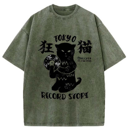 Tokyo-Assassin Tokyo Record Store Cat CD Washed T-Shirt-Tokyo-Assassin
