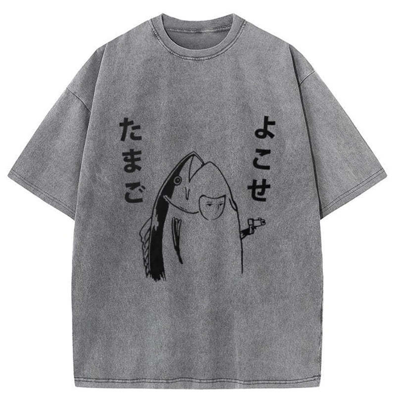 Tokyo-Assassin Give Me Egg Japanese Fish Washed T-Shirt-Tokyo-Assassin