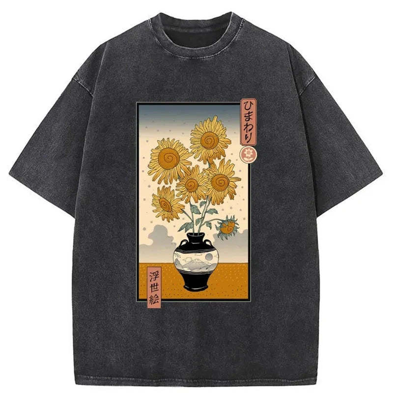 Tokyo-Assassin Sunflowers Ukiyo-e Washed T-Shirt-Tokyo-Assassin