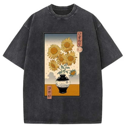 Tokyo-Assassin Sunflowers Ukiyo-e Washed T-Shirt-Tokyo-Assassin