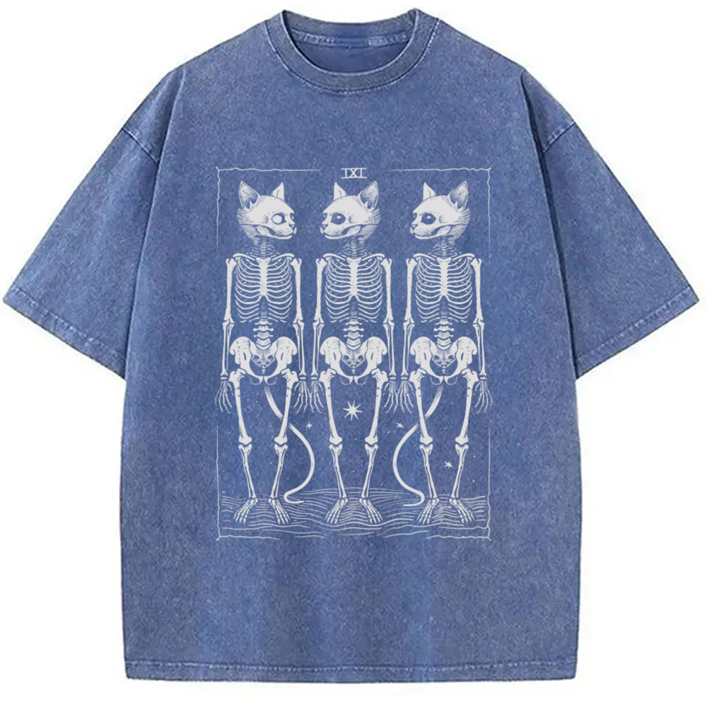 Tokyo-Assassin Tarot Cat Skeleton Washed T-Shirt-Tokyo-Assassin