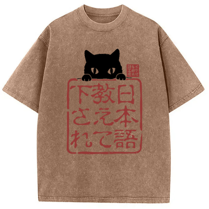 Tokyo-Assassin Please Teach Cat Japanese Washed T-Shirt-Tokyo-Assassin