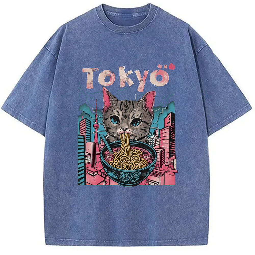 Tokyo-Assassin Tokyo Ramen Pink Cat Washed T-Shirt-Tokyo-Assassin