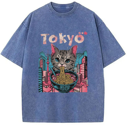 Tokyo-Assassin Tokyo Ramen Pink Cat Washed T-Shirt-Tokyo-Assassin