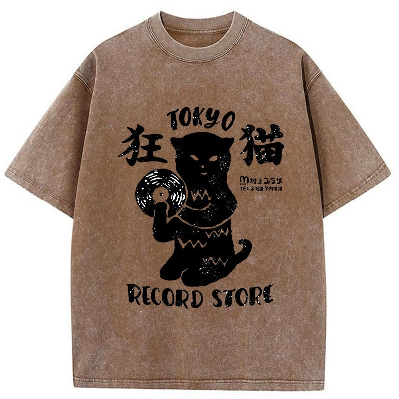 Tokyo-Assassin Tokyo Record Store Cat CD Washed T-Shirt-Tokyo-Assassin