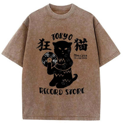 Tokyo-Assassin Tokyo Record Store Cat CD Washed T-Shirt-Tokyo-Assassin