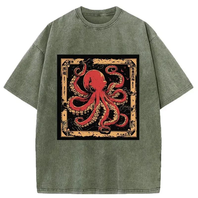 Tokyo-Assassin Retro Japanese Octopus Washed T-Shirt-Tokyo-Assassin