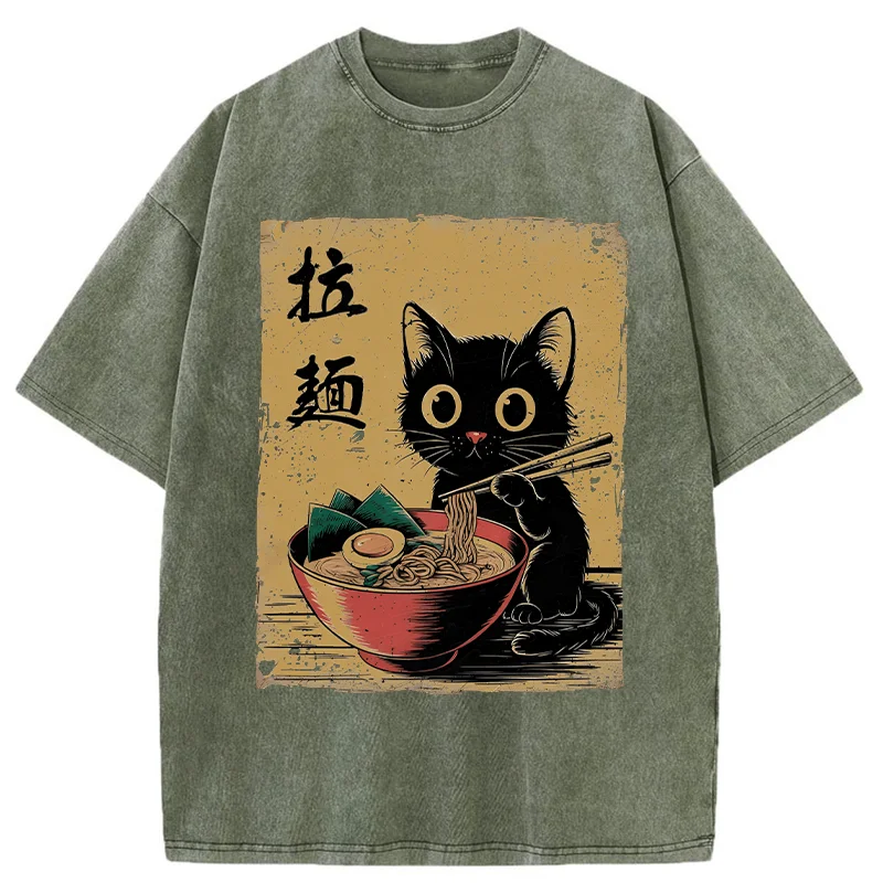 Tokyo-Assassin Retro Black Cat Eating Ramen Washed T-Shirt-Tokyo-Assassin