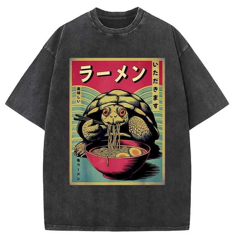 Tokyo-Assassin Turtle Eating Ramen Washed T-Shirt-Tokyo-Assassin